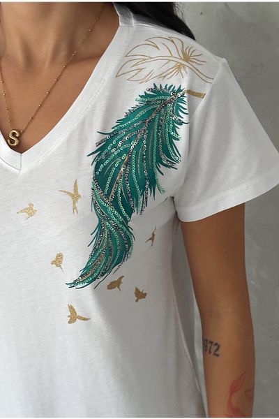 FEMELLE Women's White V-Neck Shoulder Leaf Sequin Sequin Embroidered 100% Cotton T-Shirt