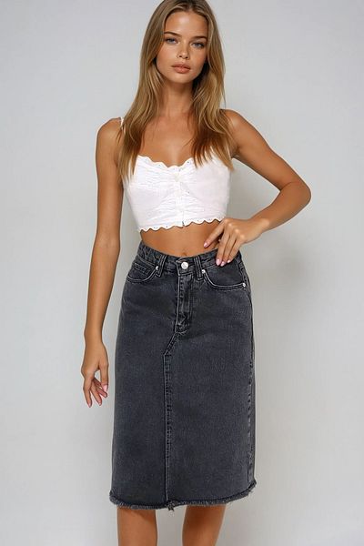 VAGGON Women's Anthracite High Waist 5 Pockets Midi Length Jean Skirt Prmx13655