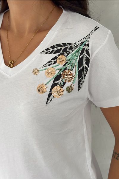 FEMELLE Women's White V-Neck Shoulder Flower Sequin Sequin Embroidered 100% Cotton T-Shirt
