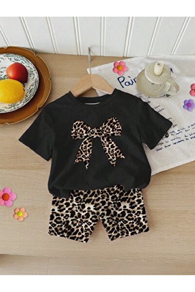 MORNİNG KİDS Κοριτσίστικο σετ με κορδέλα με στάμπα μαύρο μπλουζάκι-λεοπάρ σορτς