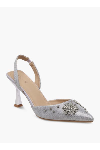 Celeste Embellished Pointed Toe Slingback Shoes with Kitten Heels