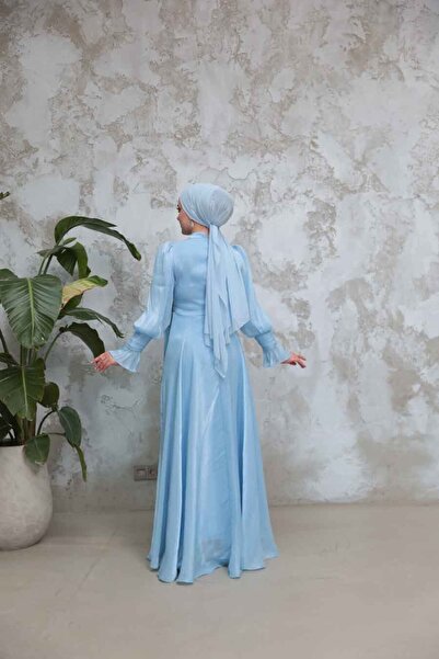 Neva Style Βραδινό φόρεμα Baby Blue Hijab με λεπτομέρεια με κορδόνια 48051BM