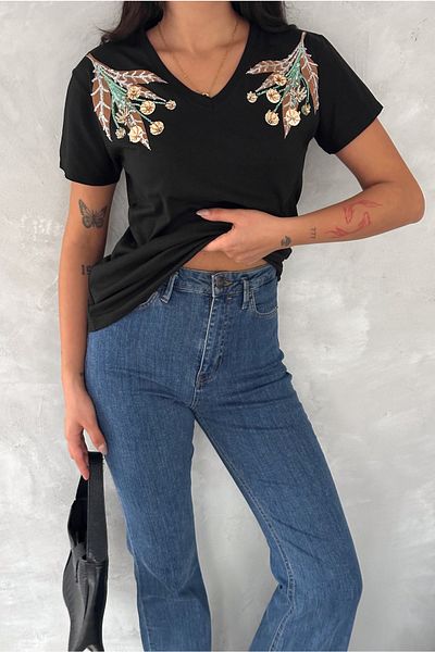 FEMELLE Tricou negru pentru femei, cu decolteu în V, cu paiete florale, brodat, 100% bumbac