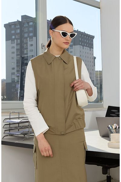 Fatma Atasoy Zippered Khaki Midi Trench Vest