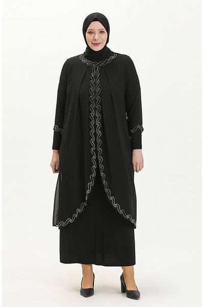 sefamerve Βραδινό φόρεμα με στάμπα πέτρας Plus Size 6070-01 Μαύρο
