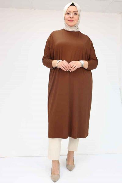 Eslina 28092 Model Large Size Low Sleeve Combed Cotton Tunic - Brown
