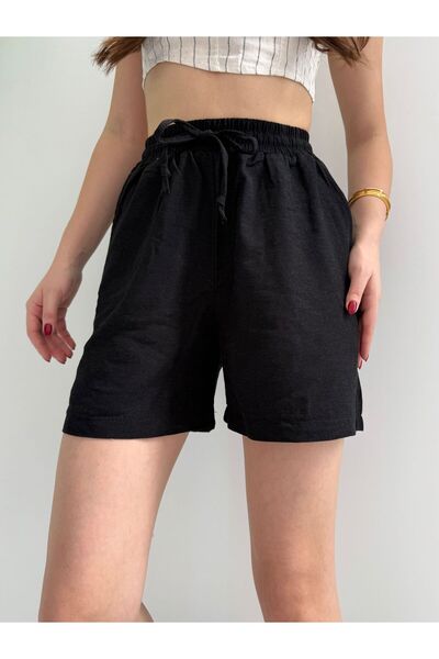 Ozy Fashion Чорні лляні шорти з подвійною кишенею з детальними зав'язками на талії