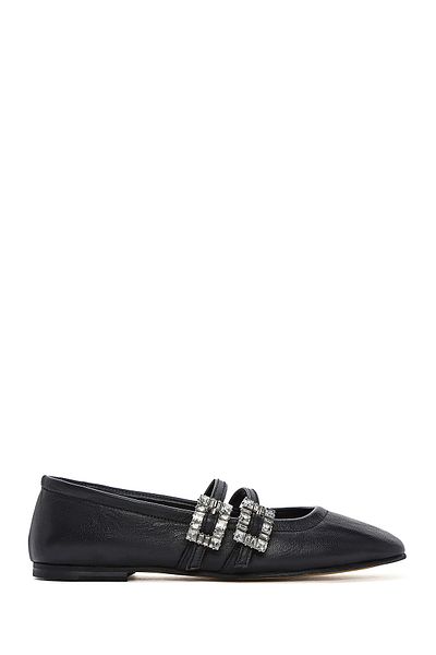 Derimod Women's Black Double Buckle Stone Leather Ballerinas 25Sfd 380118