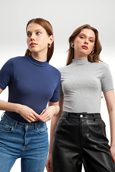 Bipantolon Women's Navy Blue Light Gray 2 Pack Short Sleeve Blouse