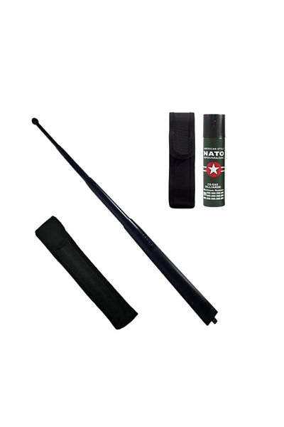 Depox Set baston telescopic din oțel și spray paralizant, 110 ml, negru, 77 cm, 4 secțiuni, cutie inclusă