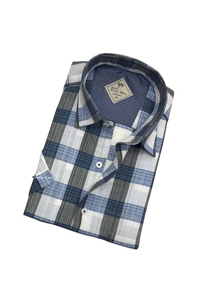 GÖMLEK GALERİSİ Men's Classic Relaxed Fit Checked Short Sleeve Linen Shirt