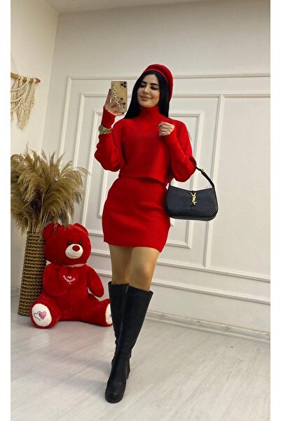 BERİ BUTİK Red Skirted Bottom Top Knitwear Set