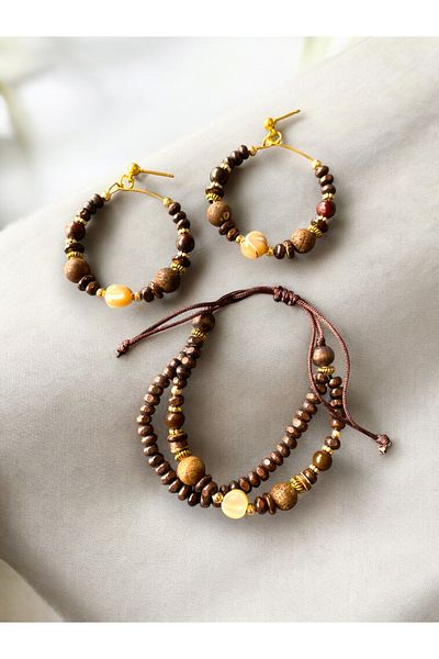 dela otantik Handmade Wood Beaded Jewelry Set with Natural Stone Hoop Earrings and Adjustable Bracelet, Ethnic Bohemian