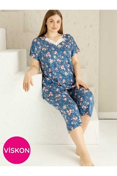 bie's Blue Floral Mother Pajamas Set - Large Size Capri-Oversize Lace Detail Short Sleeve
