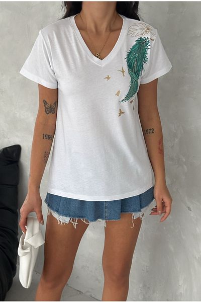 FEMELLE Women's White V-Neck Shoulder Leaf Sequin Sequin Embroidered 100% Cotton T-Shirt