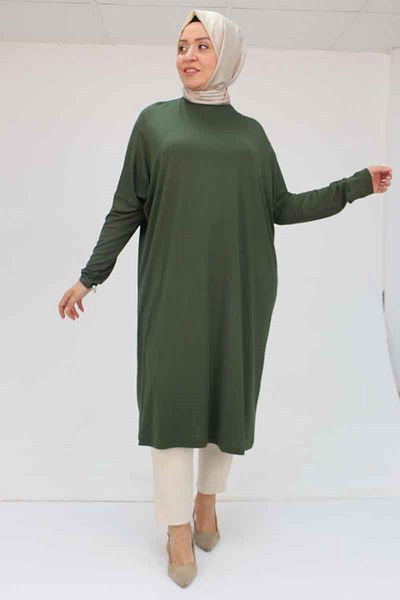 Eslina 28092 Model - Khaki Plus Size Low Sleeve Combed Cotton Tunic
