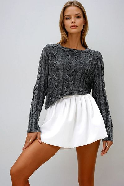 VAGGON Pulover crop de iarnă pentru femei, antracit, cu decolteu, cu efect decolorat, Prmx13023