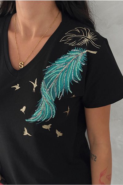 FEMELLE Tricou negru pentru femei, cu decolteu în V, cu frunze, cu paiete, brodat din bumbac 100%