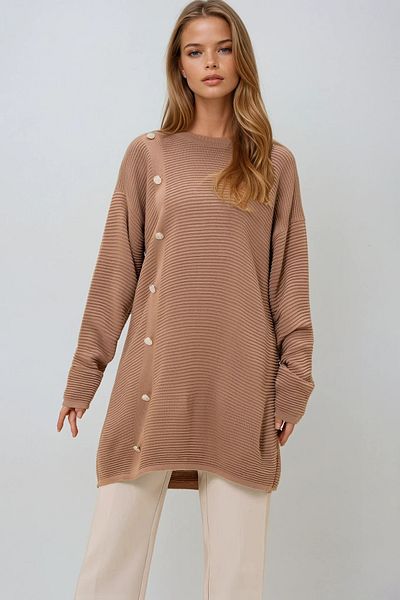 VAGGON Дамска туника от трикотаж с кръгло деколте и златни копчета, Prmx12988