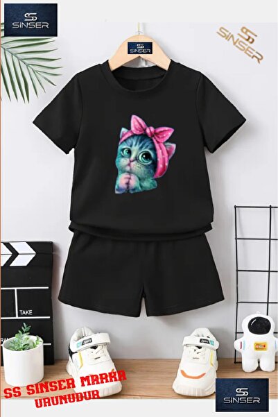 SS SİNSER Children's Cute Cat Custom Printed Crew Neck T-Shirt - Shorts Set