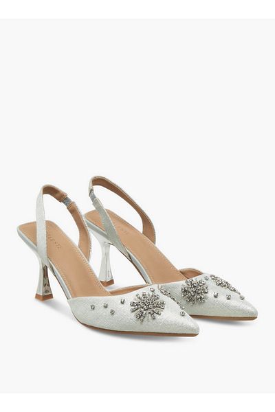 Celeste Embellished Pointed Toe Slingback Shoes with Kitten Heels