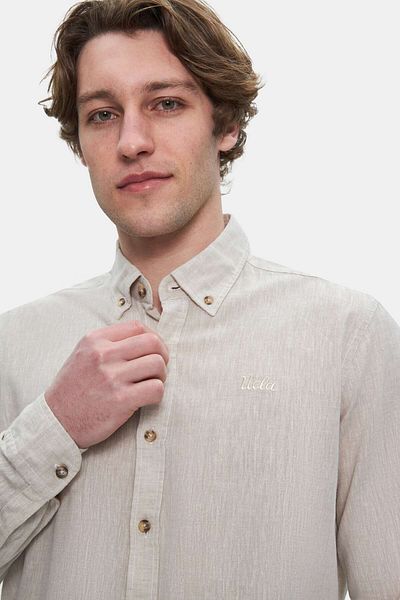 UCLA قميص رجالي من الكتان البيج المطرز - JACQUEZ Standard Fit