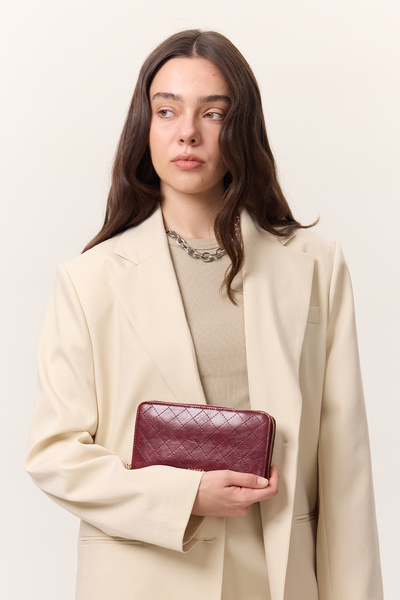 Manuka Quilted Zippered Wide Wallet Burgundy