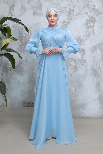 Neva Style Rochie de seară hijab albastru bebeluș cu detaliu de șireturi 48051bm