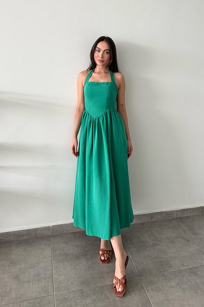 Seda Yalçın Atelier Halter Neck Green Summer Breeze Linen Dress