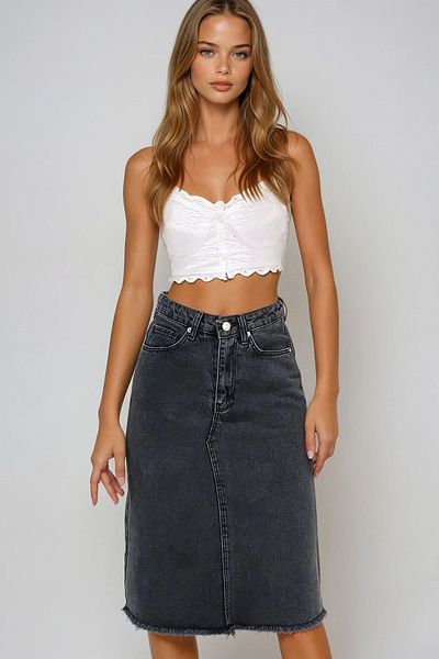VAGGON Women's Anthracite High Waist 5 Pockets Midi Length Jean Skirt Prmx13655