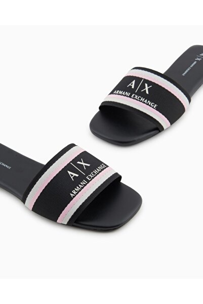Armani Exchange Kadın Üst Yüzeyi Şerit Çizgi Detaylı Mini Topuk Kabartmalı Siyah Terlik Xdp056 Xv922-00002