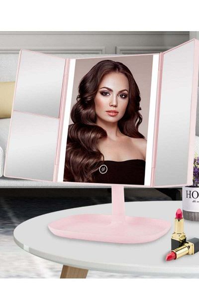 COOYA Tri-Fold Makeup Mirror, With LED Lights, 2 Power Supply , Touch Screen, Gift for Women, Pink