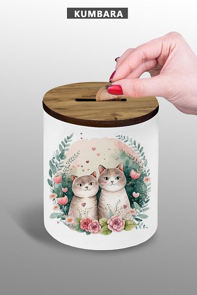 yhfoto Small Size 9 cm Ceramic Piggy Bank Cat Family Table Top with 25 Cables
