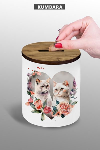 bymat Floral Heart Cat Piggy Bank - Small Size Tabletop Piggy Bank - 9 cm Ceramic Piggy Bank - 25Kmb244