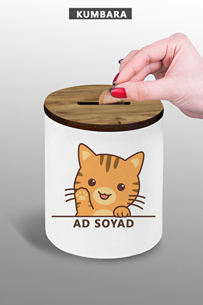 bymat Kedi Görselli İsme Özel Kumbara - Küçük Boy Masa Üzeri Kumbara - 9cm Seramik Kumbara -25kmb174