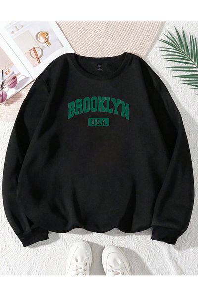 RPT MODA Oversized Green Brooklyn Printed Detail Basic Sweatshirt with Crew Neck