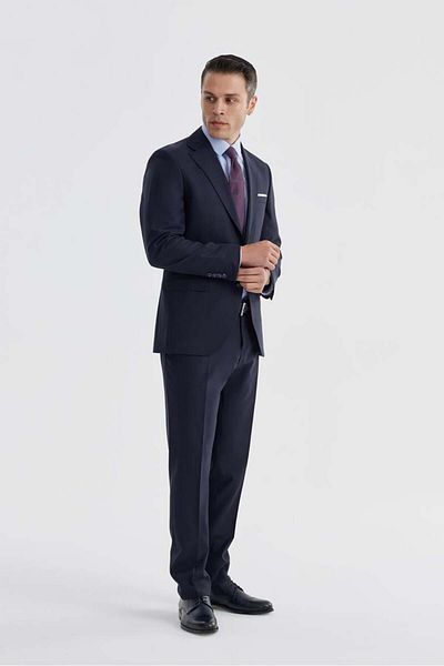 Jakamen Navy Blue Slim Fit Mono Neck Double Slit Straight Suit