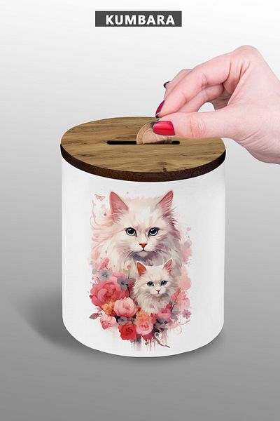 Bytwo White Cat and Kitten Piggy Bank - 9 cm Ceramic - Small Size - 250g