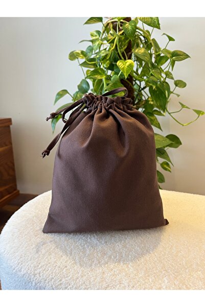 MEKİK BUTİK Kahverengi Keten Bez Kese - Büzgülü Çanta Içi Düzenleyici - Makya...