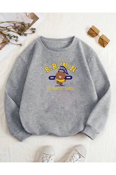 RPT MODA Oversized Brown Printed Detail Cycling Collar Basic Sweatshirt