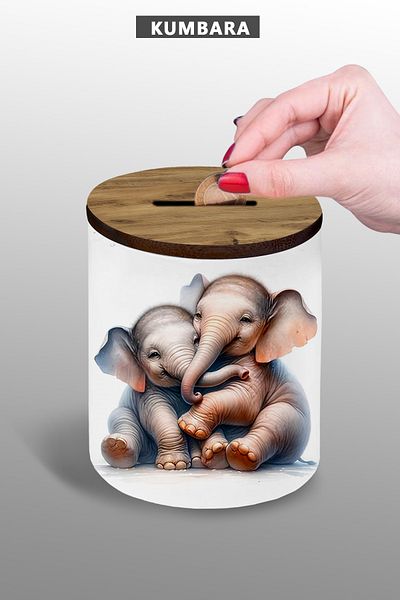 Bytwo Hugging Elephant Visual Piggy Bank - Small Size Tabletop Piggy Bank - 9 cm Ceramic Piggy Bank - 25Kmb225