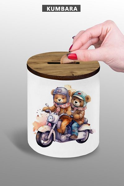 bymat 9 cm Ceramic Piggy Bank with Biker Bear Image Small Size Table Top 25Kmb235