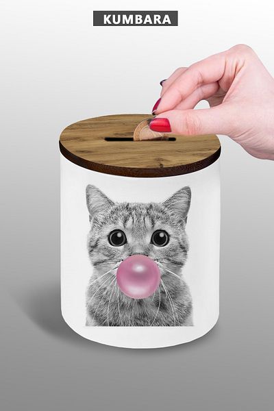 Bytwo Piggy Bank with Cat Visual - Small Size Tabletop Piggy Bank - 9 cm Ceramic Piggy Bank - 25Kmb172