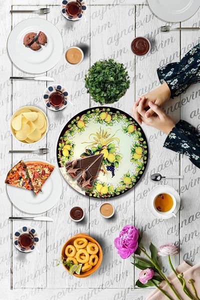Sunum360 Italian Lemon Patterned Luxury Serving Presentation Plate with Rotating Stand, Rotating Cake and Cheese Plate Stand