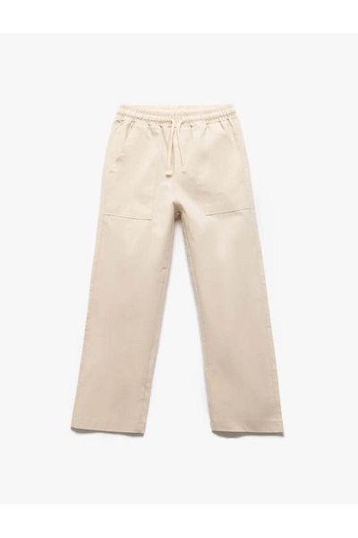 Koton Cotton Ecru Boy's Trousers with Lace-Up Waist and Pocket Detail 5Skb40067Tw