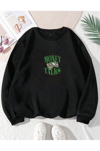 RPT MODA OVERSIZED MONEY TALKS PRINTED BICYCLE COLLAR BASIC SWEATSHIRT