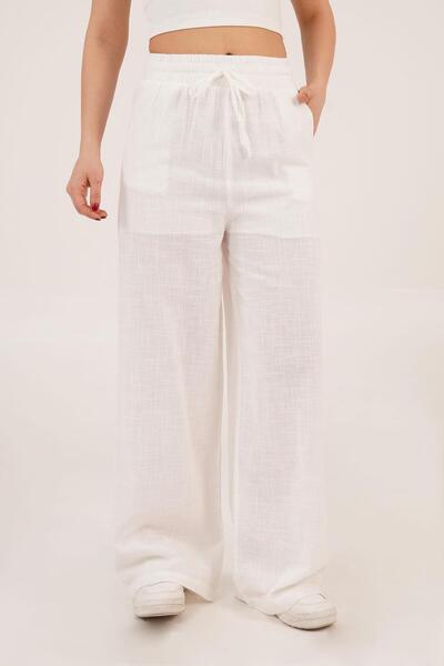 Hipo Trend Штани з поясом з льону, екрю, широкі