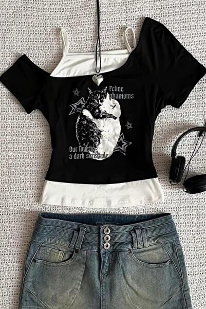 Karakedi Μαύρο Balance Cat Our Love Is Ek Κοντό μανίκι Gothic Y2K Full Body Crop