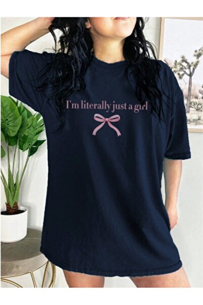 MOONBULL Tricou oversize pentru femei Just A Girl cu imprimeu cu panglică roz