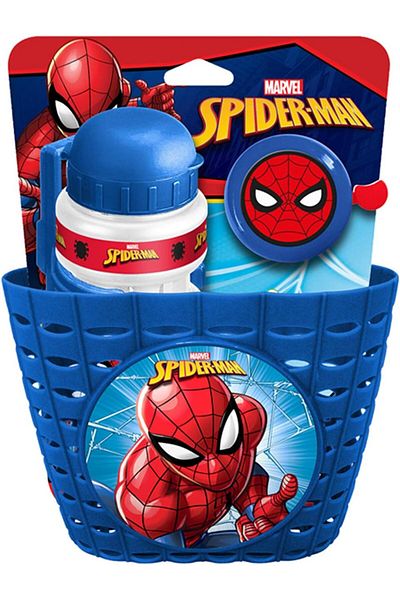 SPIDERMAN Set of three accessories for children's bicycle, basket, bell and water bottle, multicolor, Spiderman